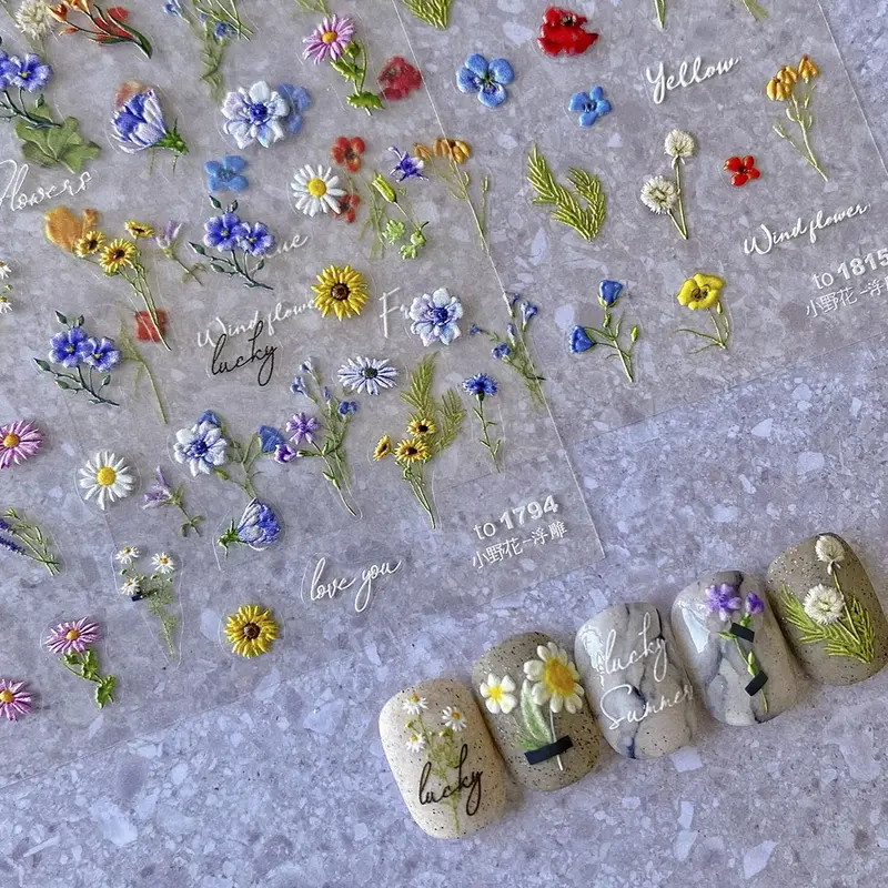 POWPOP Autocollants Ongles 5D Fleurs – Déco Floral Été Marguerite et Tournesol