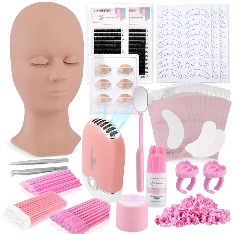 Pretty Memory 152 Pièces Kit Extensions Cils avec Tête Mannequin – Formation Débutants, Colle et Crème Retrait