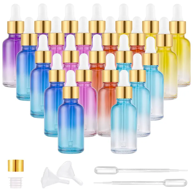 PrettyCare Bouteilles compte-gouttes en verre Arc‑en‑Ciel 24 pièces, 30 ml — bouchons dorés, anti-fuite, étiquettes et entonnoirs
