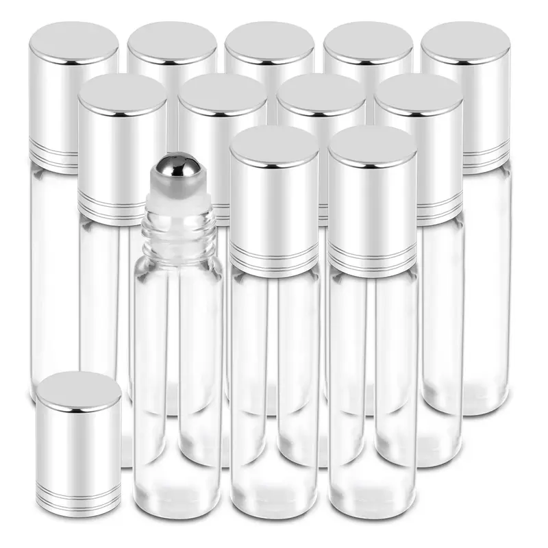 PrettyCare - Lot de 12 Bouteilles Roll-On 10 ml en Verre Clair avec Balle Acier et Caps Métal Argenté – Voyage