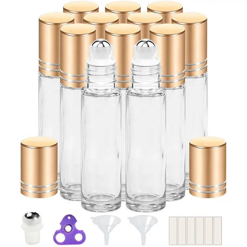 PrettyCare – Lot de 12 Bouteilles Roll-On 10 ml en Verre Clair avec Bouchons Métalliques Anti-Fuite