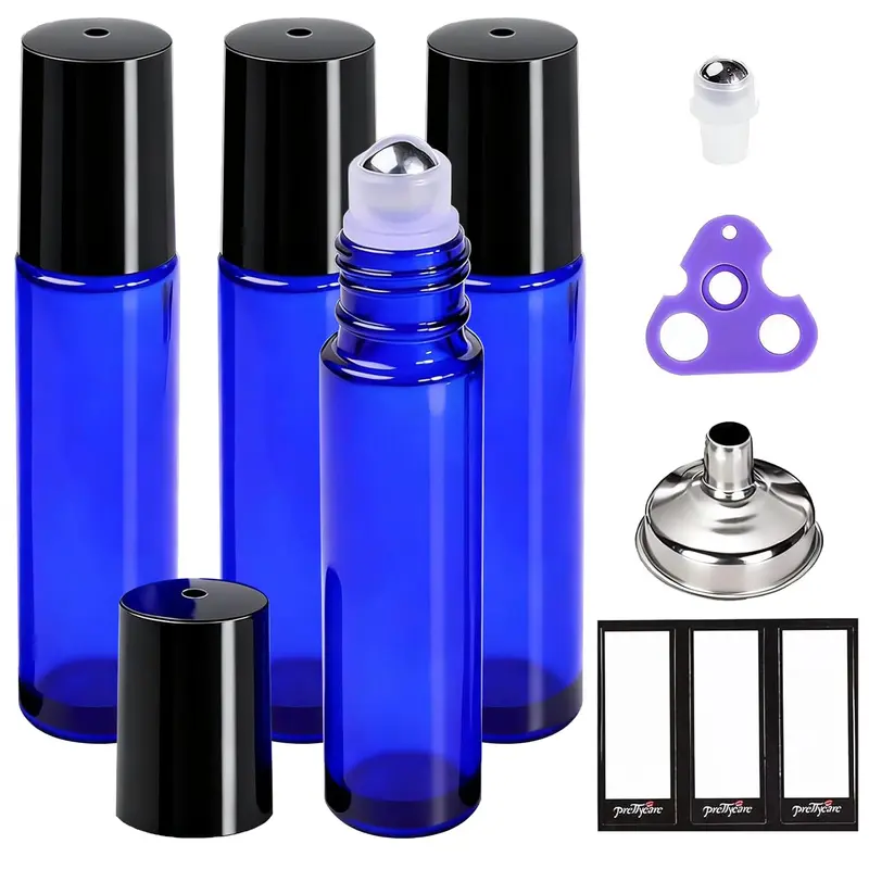 PrettyCare Lot de 4 Bouteilles Roll-On 10 ml Bleu – Étanches et Rechargeables