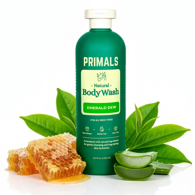 PRIMALS Gel Douche Naturel – Aloe Vera, Miel Brut et Thé Vert – Sans sulfates, parabènes, colorants ni fragrances synthétiques – 399 ml