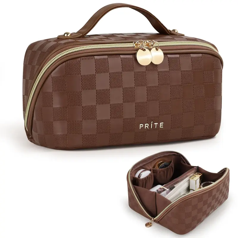Prite Sac à Maquillage de Voyage Étanche en Cuir Végan – Séparateur Transparent (Plaid Marron)