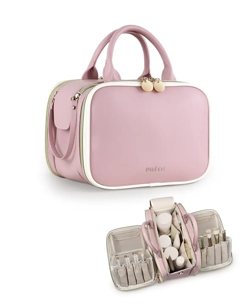 Prite Sac de Maquillage Rose – Grande Capacité, Étanche, Trousse de Voyage Portable avec Porte-Pinceaux et Poignée