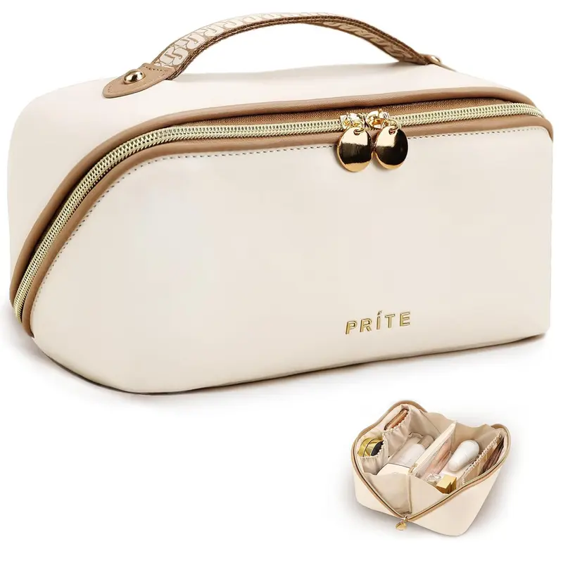 Prite Sac Maquillage Voyage Beige – Vegan, Imperméable, Ouverture à Plat avec Diviseur Clair