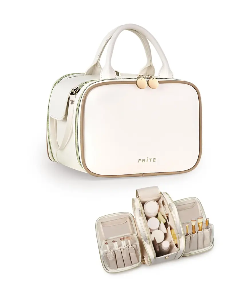 Prite Trousse de Maquillage pour Femmes – Grande Capacité, Étanche, Voyage, Beige (Taille Moyenne)
