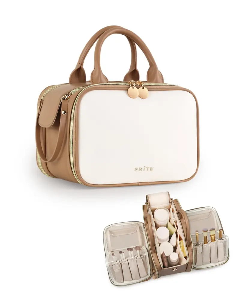 Prite Trousse Maquillage Large - Étanche, Grande Capacité, Porte-Brosse Intégré, Beige