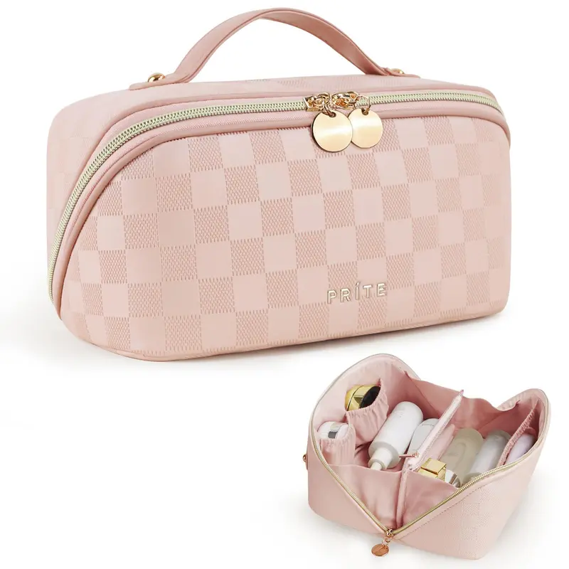 Prite Trousse Maquillage Voyage – Cuir Végan Imperméable Plaid Rose