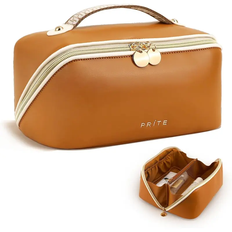 Prite Trousse Maquillage Voyage en Cuir Vegan Imperméable — Ouverture à Plat avec Diviseur Transparent et Poignée