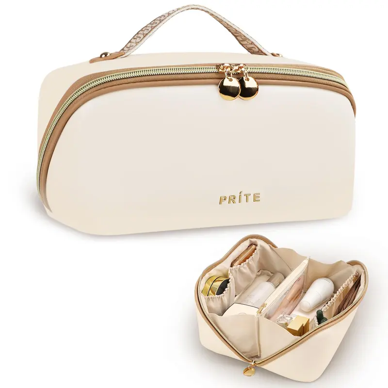 Prite Trousse Maquillage Voyage Étanche en Cuir Vegan – Grand Beige, Compartiments et Diviseur Transparent