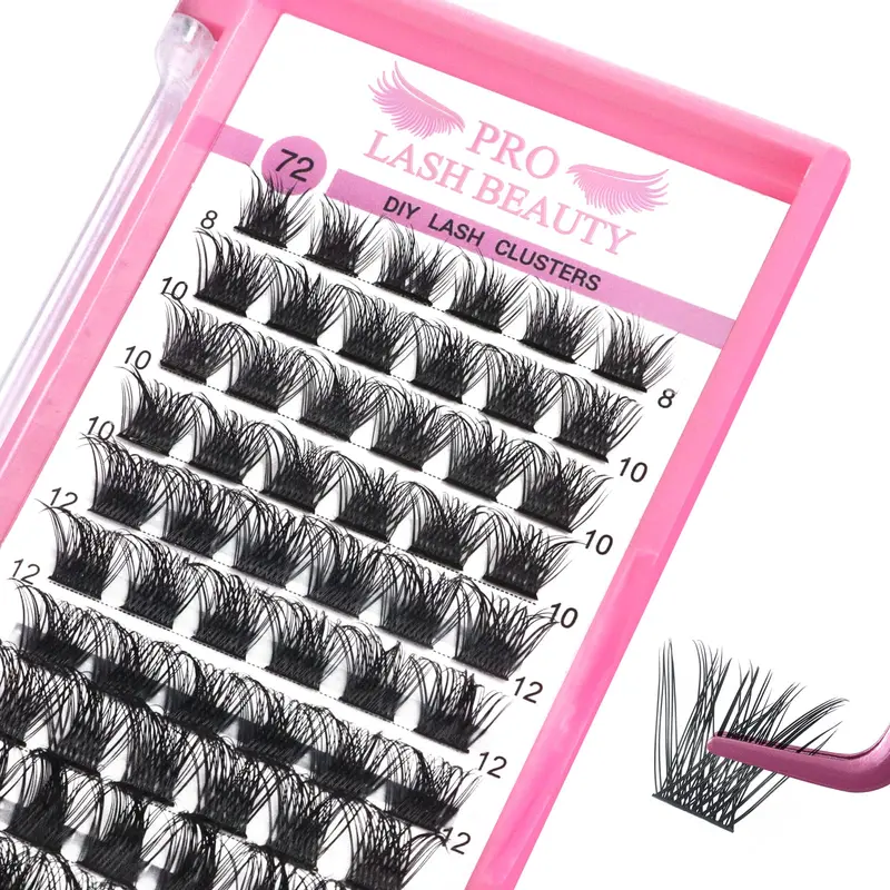 PRO LASHBEAUTY – Extensions par grappes pour cils, 72 pièces, longueurs 8 à 16 mm, volume naturel, bande ultra-fine