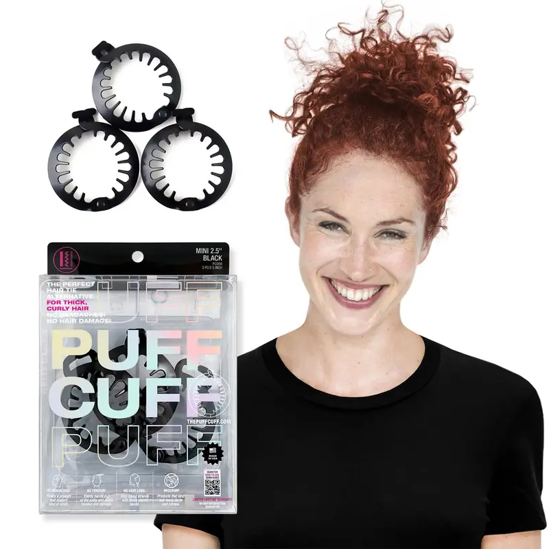 PuffCuff | Mini Pinces Cheveux 2,5 pouces pour Cheveux Bouclés | Clip Sans Tension pour Queue-de-Cheval | Noir | Lot de 3