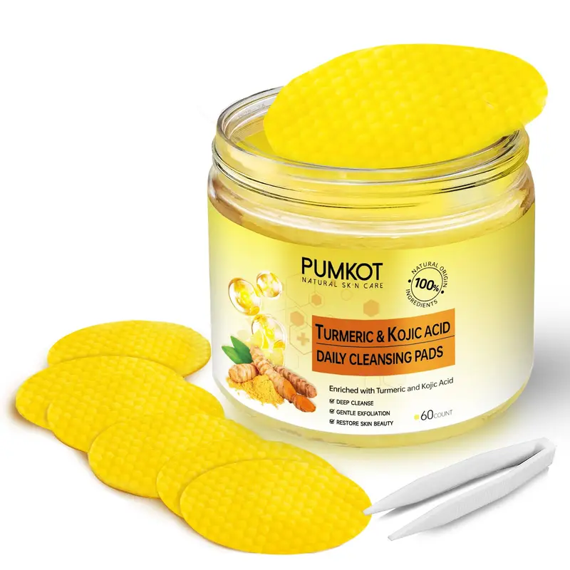 Pumkot Lingettes Nettoyantes Curcuma et Acide Kojique – Pads Gommants Visage, 60 Pièces