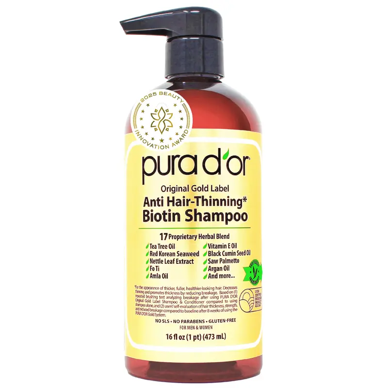 PURA D'OR Étiquette Dorée Originale – Shampoing Anti-Chute Biotine et Argan – Sans sulfates – 473 ml