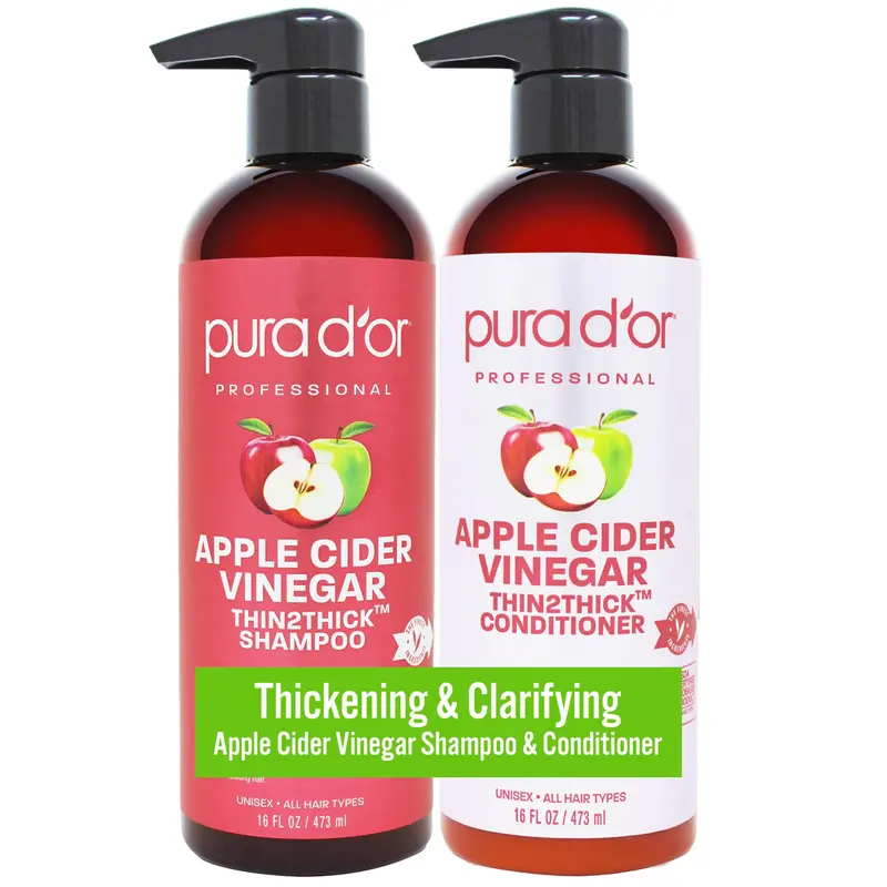 PURA D'OR Set Shampoing et Après-Shampoing Vinaigre de Cidre de Pomme 16 oz x 2 – Clarifiant et Hydratant