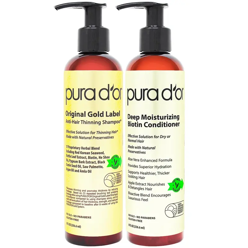 PURA D'OR Shampoing Biotine Original Gold Label – Lot 8oz x2, cheveux plus forts et volumineux