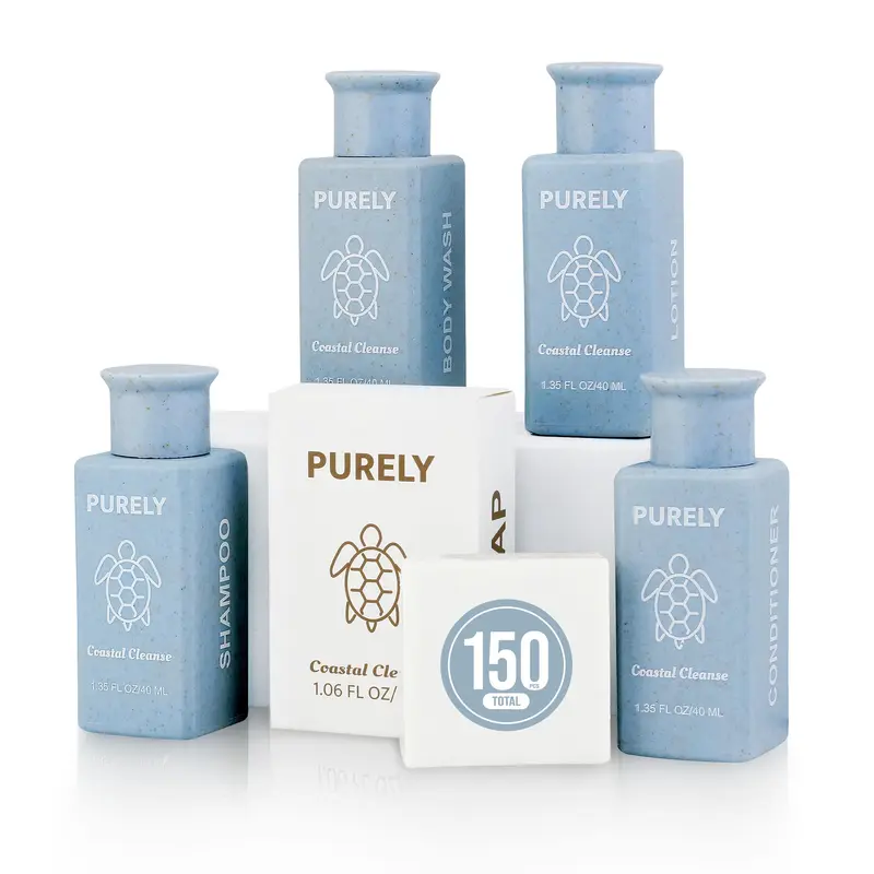 Purely – Lot de 150 pièces d’articles de toilette pour hôtels et Airbnb | Shampoing, Après-shampoing, Gel douche, Lotion et Savon