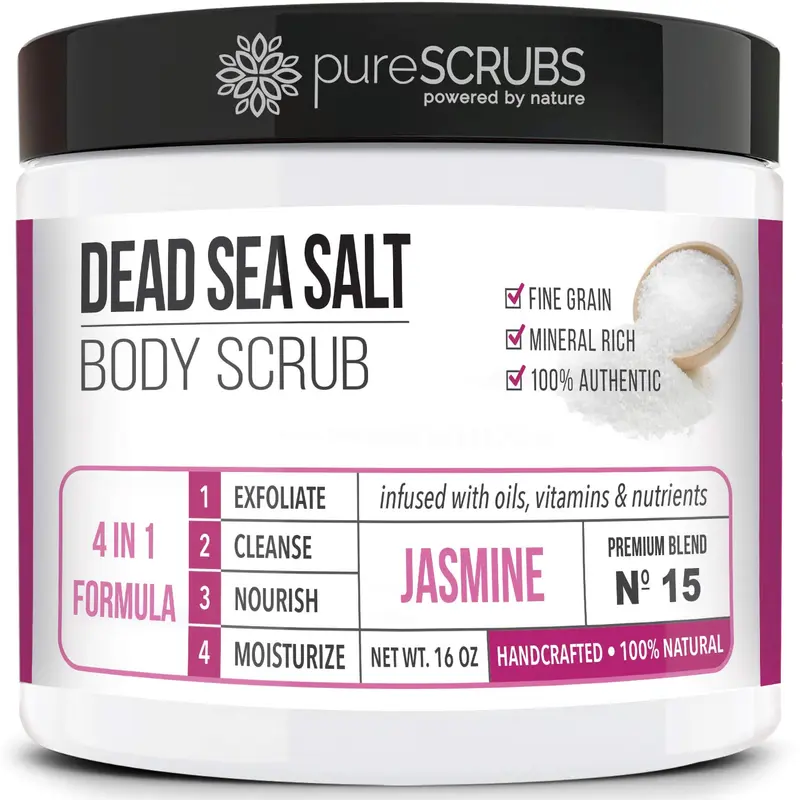 pureSCRUBS Gommage Corps Premium Jasmine – Lot 16 oz | Sel de Mer Morte, Huiles Essentielles, Nutriments, Cuillère en Bois, Éponge et Savon Exfoliant Avoine