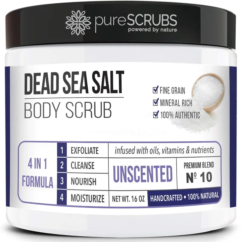PureSCRUBS - Gommage Corps Sans Parfum 16oz au Sel de Mer – Ensemble Premium avec Cuillère en Bois, Loofah et Savon Avoine