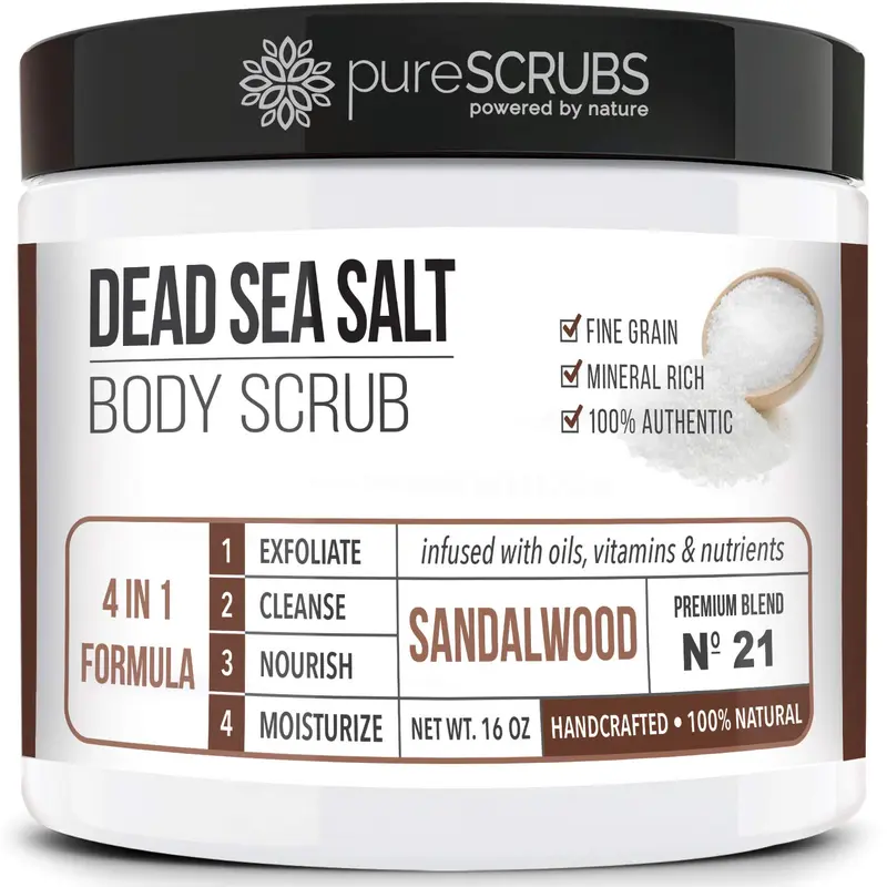 pureSCRUBS Gommage Corps Santal Premium – Ensemble 16 onces (470 ml) Sel Mer Morte, Huiles Essentielles, Cuillère en Bois, Éponge exfoliante et Savon Avoine