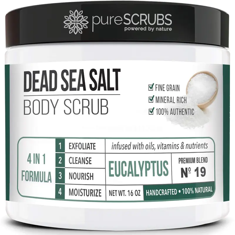 pureSCRUBS Gommage Éucalyptus 16 oz – Sel de Mer Morte, Formule 4 en 1, Accessoires Inclus
