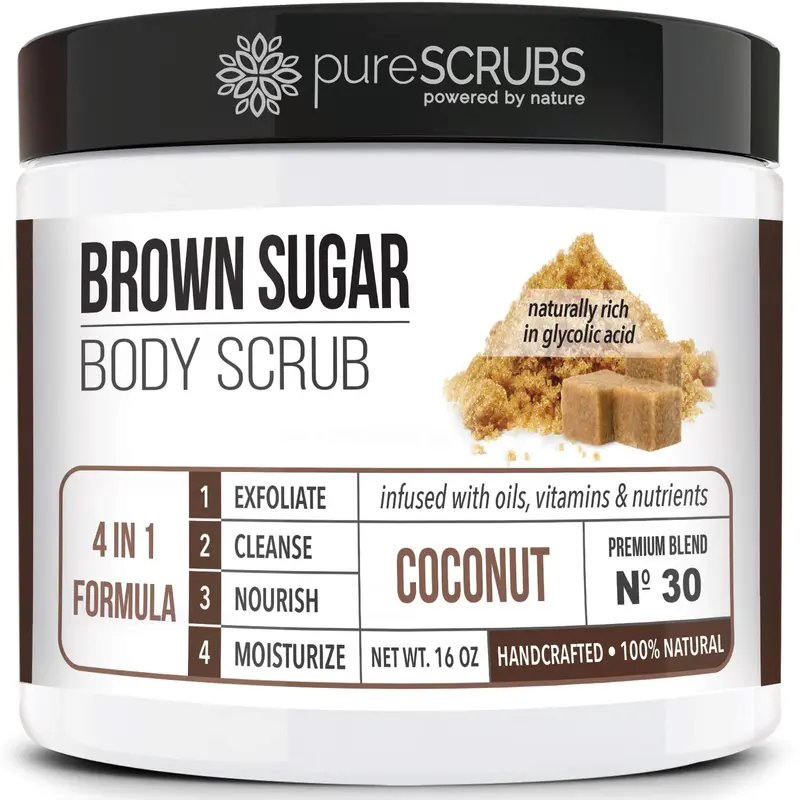 pureSCRUBS Gommage Premium au Sucre Brun de Coco – Visage, Pieds et Corps | Pot 473 ml avec Cuillère en bois, Éponge exfoliante et Savon mini exfoliant