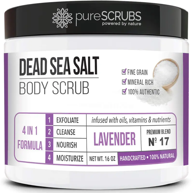 pureSCRUBS Premium Gommage Lavande – Sel de Mer Morte 16oz + Accessoires Inclus