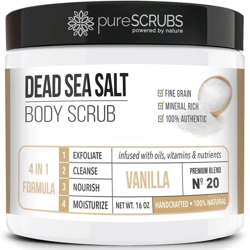 pureSCRUBS Vanille Premium Gommage Corps 16oz – Sel de Mer Morte, Huiles Essentielles et Accessoires