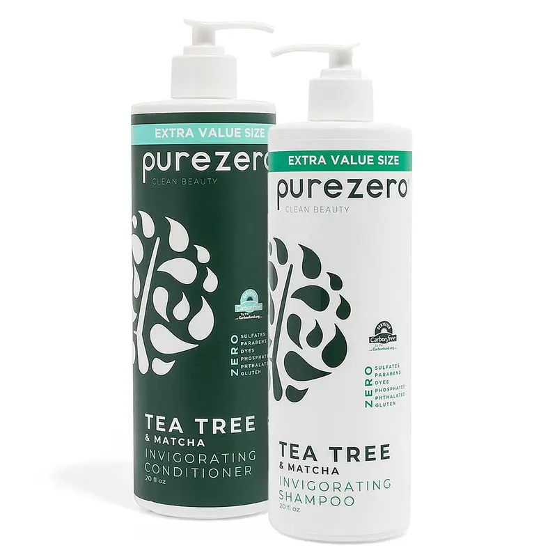 Purezero Shampooing & Après-shampooing Tea Tree & Matcha – 20 oz, Sans sulfates, Végan et Non testé sur les animaux