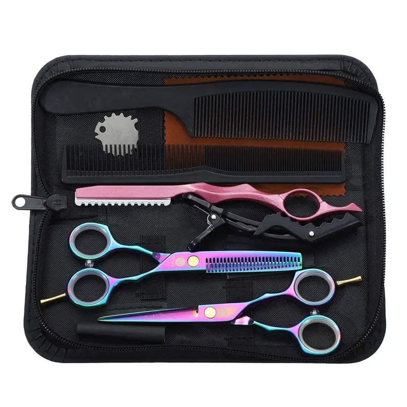 Purple Dragon — Ciseaux de coiffure 5,5 pouces avec rasoir et étui cuir multicolore