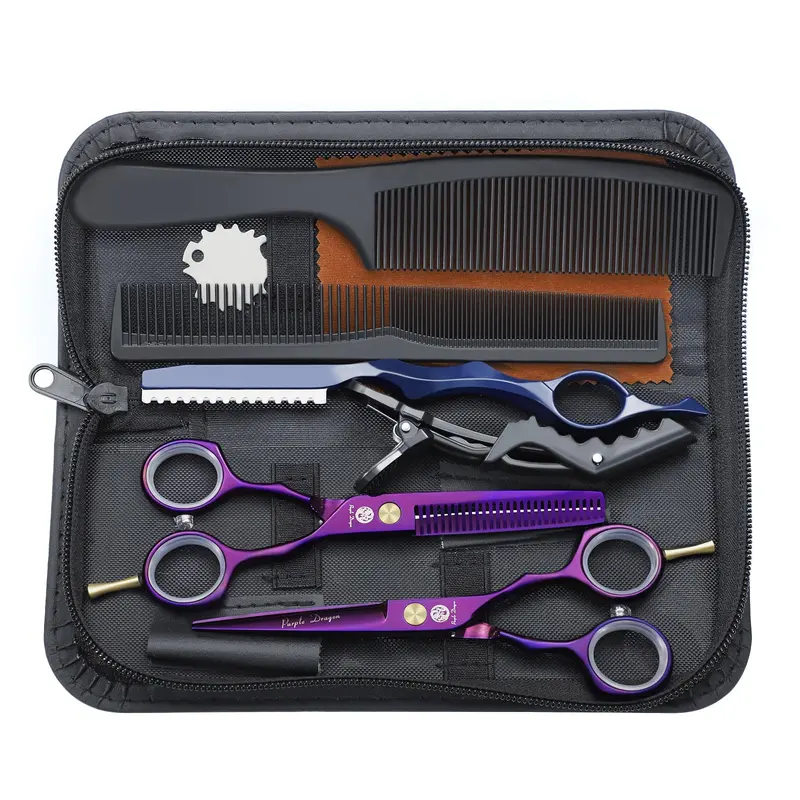 Purple Dragon Ciseaux de Coiffure 5,5 pouces avec Rasoir – Étui en Cuir, Ciseaux de Barbier Professionnels ou Usage Domestique (Violet)