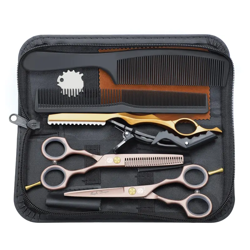Purple Dragon Ciseaux de Coiffure 5,5 Pouces – Rose Doré, Ensemble Professionnel avec Rasoir et Étui en Cuir