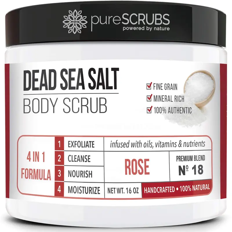 purSCRUBS Gommage Rose Premium – Sel de Mer Morte 16oz avec Cuillère en Bois, Loofah et Savon Avoine