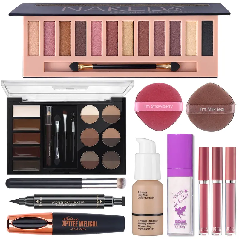 QiBest Coffret Maquillage Complet – 12 Ombres Nude, Eyeliner Stamp, Mascara et Rouge Liquide