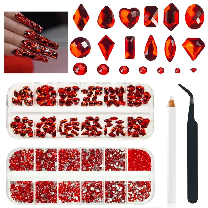 Qiipii 4080Pcs Strass Rouges pour Ongles – Cristaux K9 Multi-Formes pour Nail Art