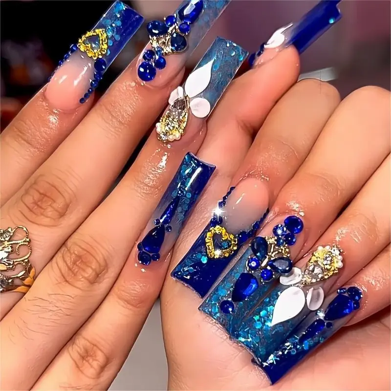 QQPPOLIU Ongles Adhésifs Longs Carrés Bleus – Strass, 24 Pièces, Cadeau Fête des Mères