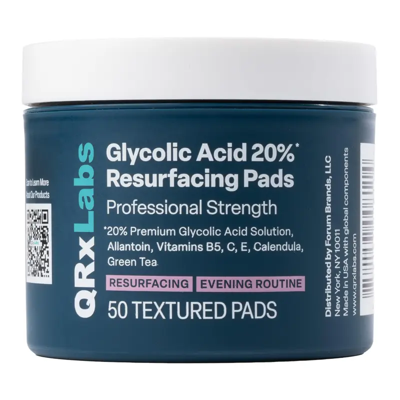 QRxLabs Tampons Acide Glycolique 20% – Gommage resurfacant AHA pour visage et corps – 50 tampons
