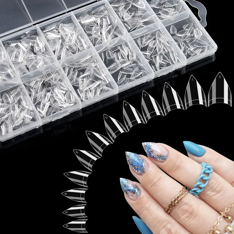 Quaferen – Embouts d’Ongles Stiletto Court Clairs, 600PCS, Forme Amande, Gel Souple – Boîte 12 Tailles