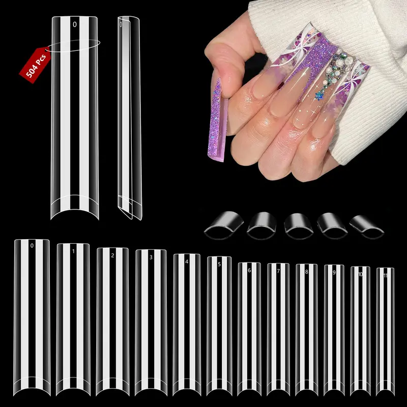 Quaferen Tips Ongles Carrés Clairs – 504 pièces, 3XL sans courbe, Demi-Revêtement, DIY Salon à Domicile