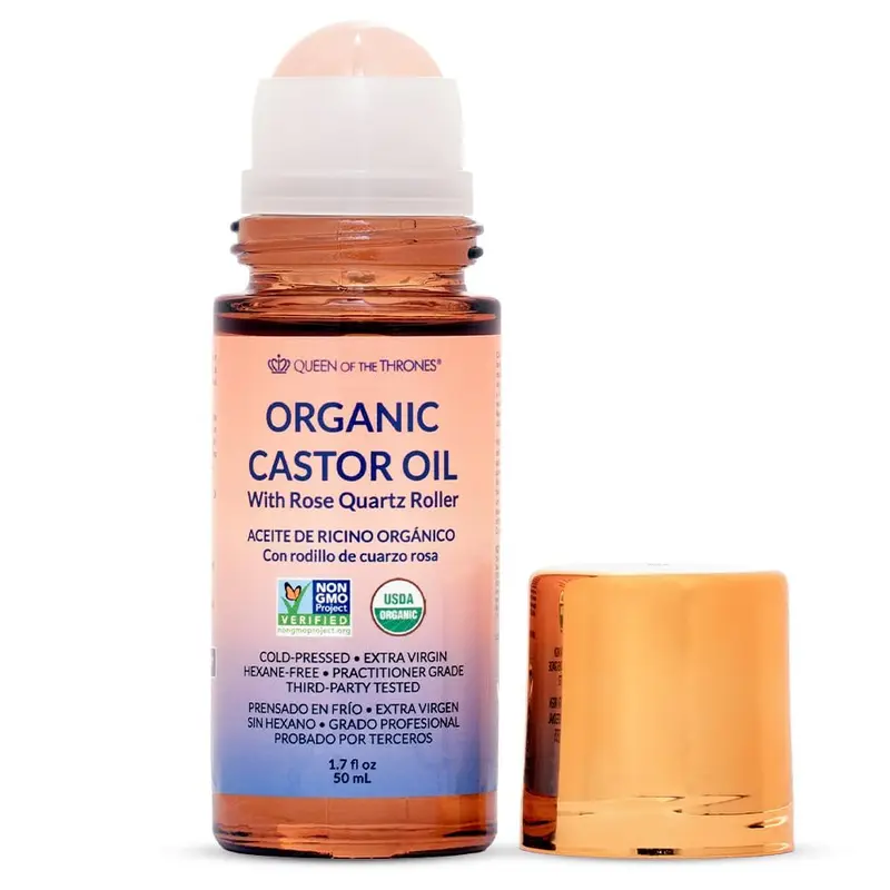 QUEEN OF THE THRONES® Roll-On d’Huile de Ricin Biologique avec Quartz Rose | 100% Pur pour la peau, sourcils et cils | Packs sans désordre | Sans hexane | USDA certifiée | Pressée à froid 50 mL
