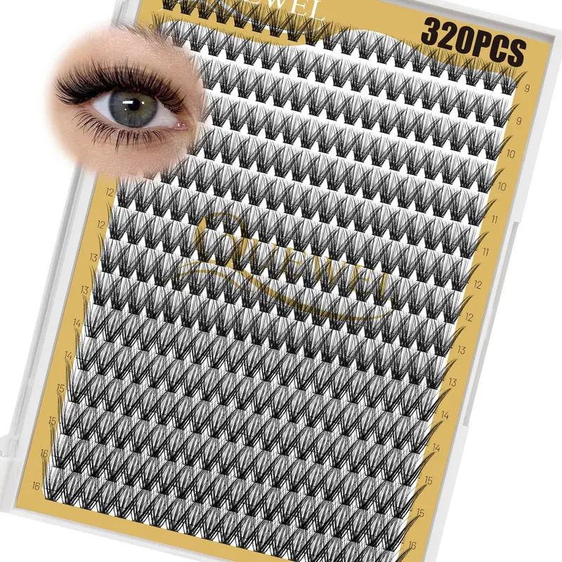 QUEWEL Lash Clusters – 320 pièces, mélange 9–16 mm, boucles 40D D, cils en grappes pour usage à domicile