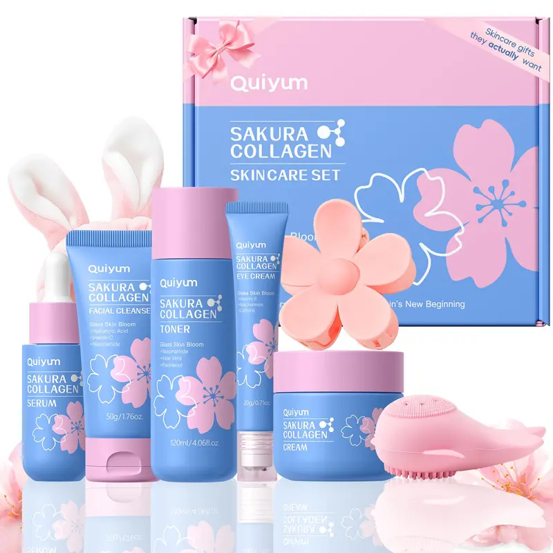 QUIYUM Sakura Ensemble Soin Collagène 8 Pièces | Rituel Peau de Verre Hydratant et Raffermissant