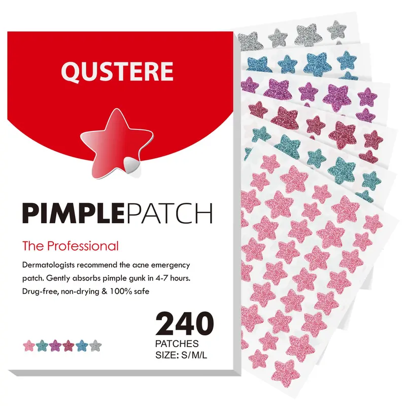 QUSTERE Patch anti-imperfections visage – Patch hydrocolloïde étoiles colorés (Tea Tree, Salicylique & Centella) | 3 Tailles (10, 12, 14 mm) | 240 pièces