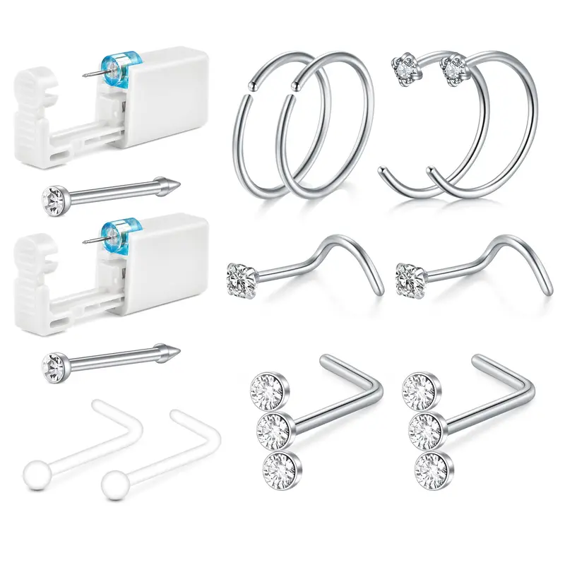 QWALIT Kit Piercing Nez 2 Pack – Pistolet Nez à Domicile, Kit Jetable Argent