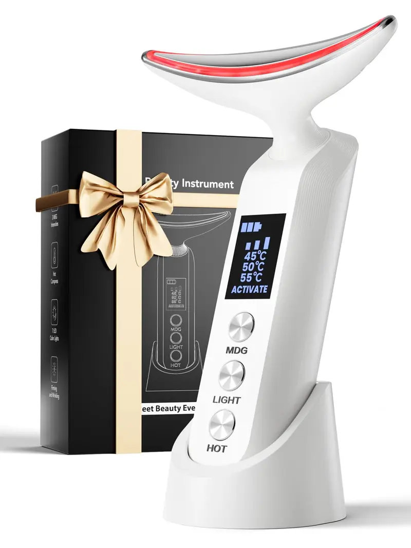 Rantxiny Massager Visage avec Dock de Charge Portable – Thérapie Rouge, 3 Réglages de Chaleur, Vibration, 9 Couleurs, 30 Jours d'Autonomie – Blanc