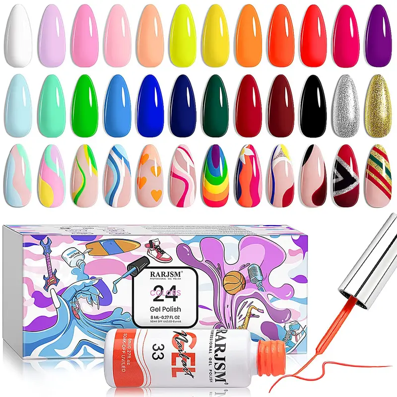 RARJSM Gel Art Ongles – Ensemble 24 Couleurs Gel Nail Art avec Pinceau Intégré