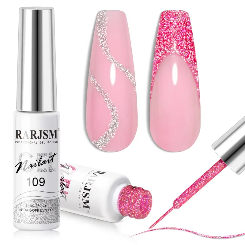 RARJSM Gel Liner Nail Art Reflectif – Lot 2 Vernis Gel Paillettes Argent et Rose Néon (8 ml)