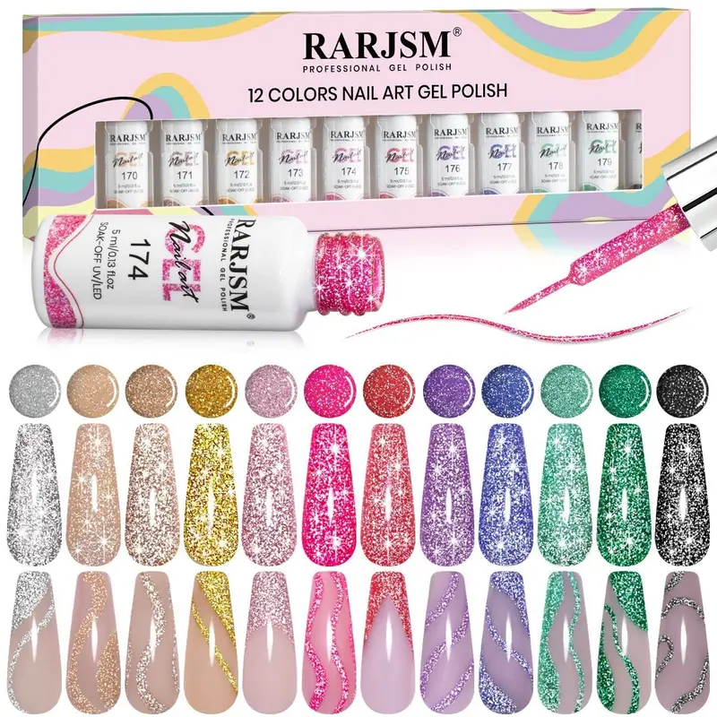 RARJSM Gel Vernis à Paillettes Réfléchissant – 12 Couleurs pour Art des Ongles UV/LED