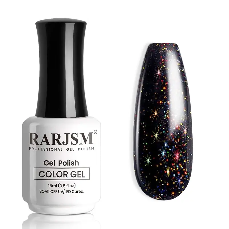 RARJSM Vernis Gel Noir Paillettes Irisées – Glitter Irisé 15 ml, Sèche LED/UV